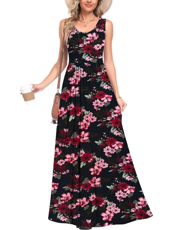 Dresses & Skirts - Women's Black Crabapple Flower Sleeveless Flowy Casual Beach Stylish Maxi Dress